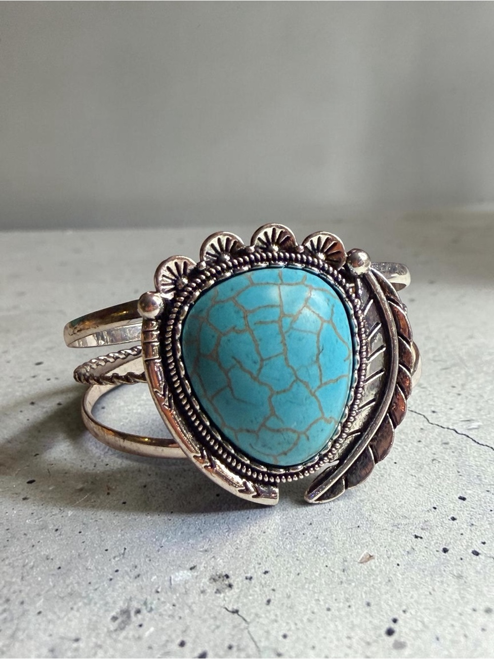 Turquoise Stone Silver Cuff Bracelet - Women Jewelry